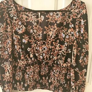 Free People long sleeve black brown floral smocked waist top Large